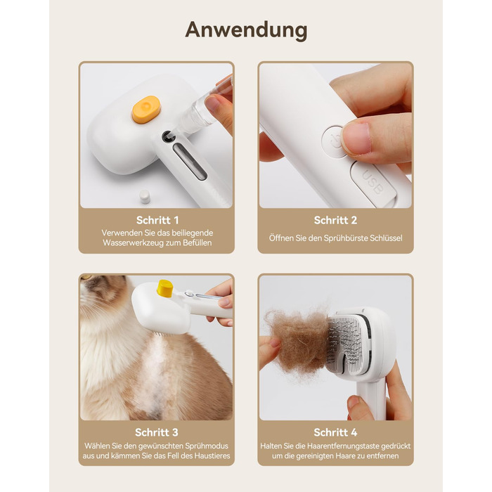 Щітка для котів ROJECO з парою, багатофункціональна, 3-в-1 проти підшерстка та ковтунів, 3 режими розпилення, самоочищення, для довгошерстих та короткошерстих котів та собак, білий колір