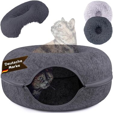 Samtkönig® Котяча лежанка-домік з фетру, тунель-донат 60x60x30 см, м'яке ліжко для котів з знімним чохлом, пухка лежанка для котів, тунель для ігор та сну