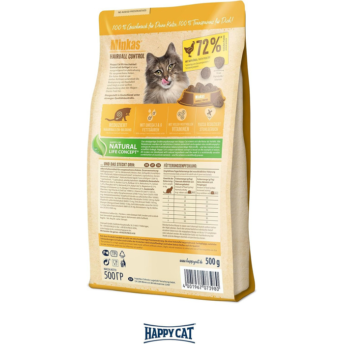 Корм для котів Happy Cat Minkas Hairball Control з куркою та птицею, контроль шерсті, 10 кг