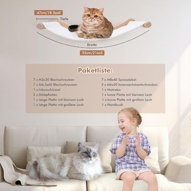 Підвісна лежанка для котів на стіну, набір для лазіння з масиву дерева з котячою сходинкою - стійке котяче ліжко, економне котяче меблеве рішення для сну, лазіння та відпочинку (підвісна лежанка + 2 сходинки)