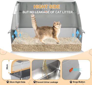 Kalolary XXL туалет для котів з нержавіючої сталі з кришкою, велика закрита котяча туалетна коробка з високим знімним бортиком, протікозахисна, легка у догляді, сіра