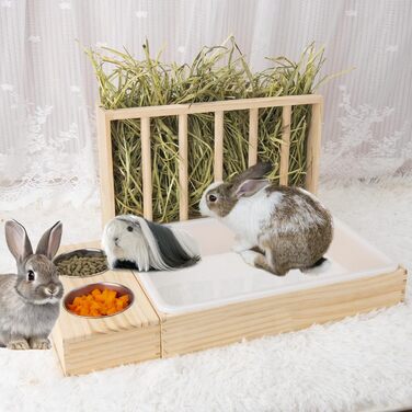Диспенсер для сіна BESNEW 3-в-1 з туалетом для котів, годівниця для кроликів, морських свинок, шиншил, з 2 мисками, великий базовий