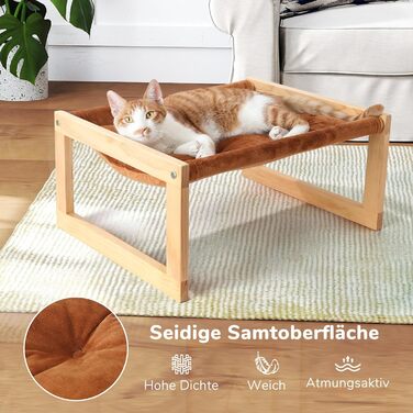 Ліжко-гамак для котів з плюшевого оксамиту, дерев'яна основа, 53x42x25 см, для котів, собак, кроликів і дрібних тварин, коричневе
