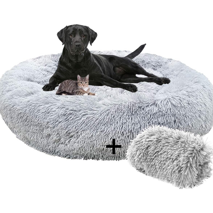 Заспокійливе ліжко для собак, пончик для великих собак, тепле, екстра велике, штучне хутро, ліжко для домашніх тварин, самонагріваюче, кругле, плюшеве, ліжка для собак великих та середніх порід, прання можливе (сірий, XXL)