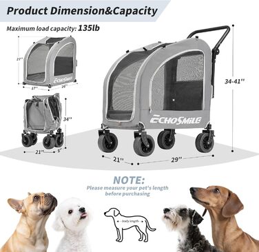 Візок для собак EchoSmile для маленьких та середніх собак до 20 кг, для бездоріжжя, складаний, з подвійними гальмами, ременями безпеки та сітковими віконцями, сірий