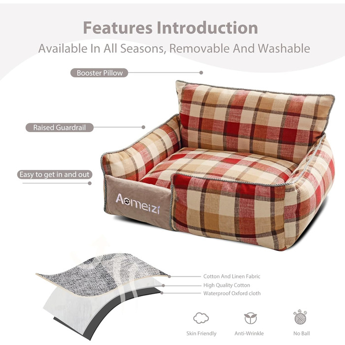 Ортопедичне ліжко для собак PETCUTE, велике, середнє, знімний чохол, неслизьке дно, м'яке диван-ліжко, сірий, з підтримкою спини (L, червона спинка)