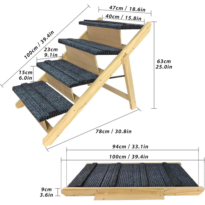 Сходинки для собак 2-в-1 зі справжнього дерева (сосна) – складані, протиковзні, для виходу на вулицю, до 80 кг, 100×46×9 см