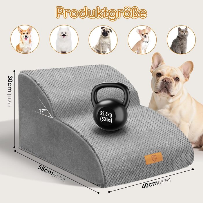 Сходинка для собак маленьких порід, водовідштовхувальна, 3 сходинки, з високощільнісного губки, знімна, для софи та ліжка, сіра