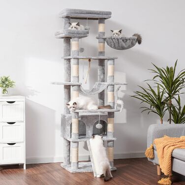 Heybly HCT033G Котячий комплекс, високий багаторівневий драпак з двома м'якими лежаками, будиночком, когтеточкою та великими укриттями, димчасто-сірий