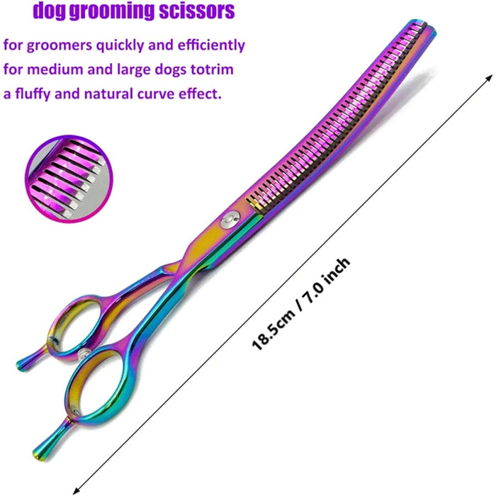 Професійна витончена ножиця для грумінгу собак 7 дюймів, з японської сталі 440C, фіолетового кольору. Зменшує товщину шерсті на 30-60%.