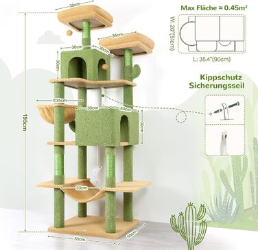 Драбина для котів Globlazer Kaktus XXL, 195 см: 2 будиночки, 2 стійки, гамак, кошик. Стабільна, для дорослих котів.