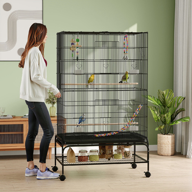 PawHut Клітка для птахів Вольєр з сідалами Bird Builder з полицею, колесами, знімний підлоговий піддон, вольєр з дверцятами, чорний | Аосом