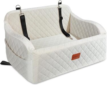 Автокрісло для собак великих порід, м'який матеріал, зручне ліжко для подорожей, memory foam, 2 страхувальні ремені, бежевий колір, розмір Large