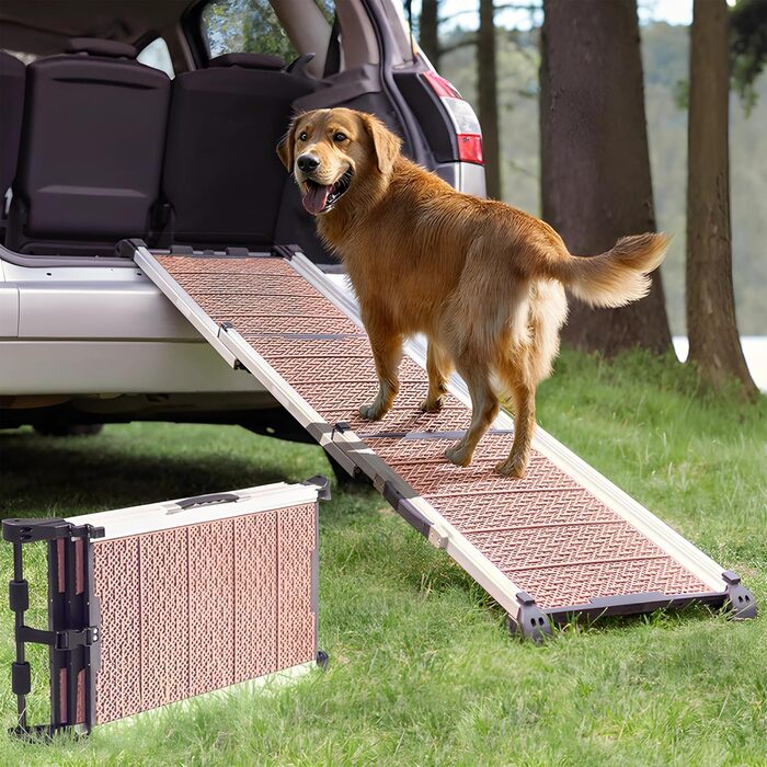 Рампа для собак у машину Klappbar - Складана, стабільна, протиковзка, для автомобілів та SUV до 90 кг, телескопічна алюмінієва рампа, з світловідбиваючими смугами, кріпильний кліп, для великих собак
