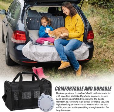 Транспортна переноска для котів та собак, 42x27x28 см, чорна: складана, з мискою для їжі