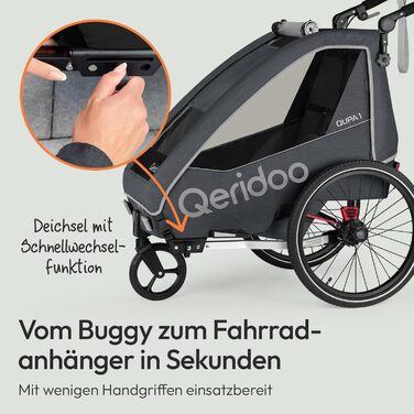 Причіп для велосипеда Qeridoo QUPA 1 з листковою підвіскою, складною кабіною, розширюваним сидінням, візок-причіп, регульована ручка, 5-точкова система ременів безпеки, для 1 дитини (Сірий)