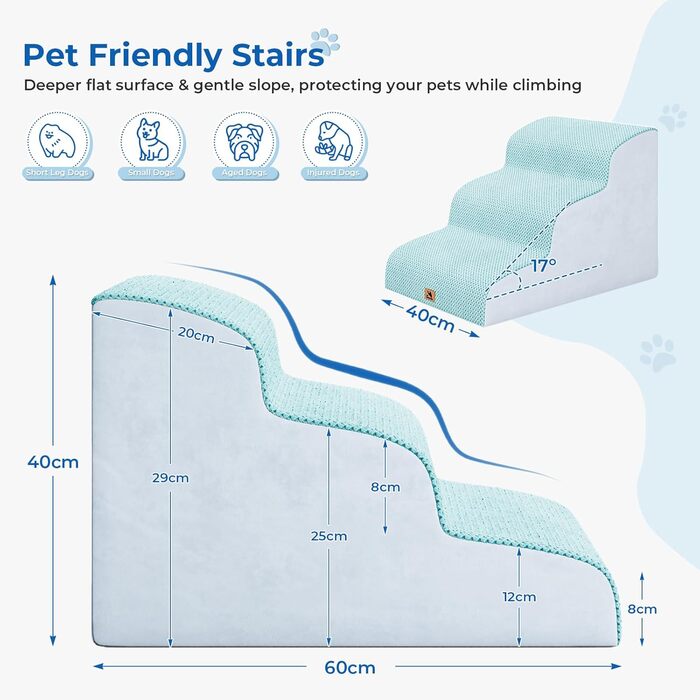 Сходинка для собак маленьких порід, 3 сходинки, 40 см, для дому, антиковзка, для котів та собак, сіра (блакитна)