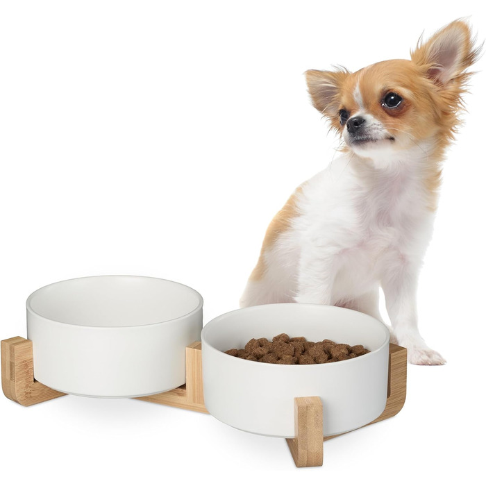 Миска для собак Relaxdays з кераміки, 850 мл, для корму та води, з бамбуковим каркасом, біла