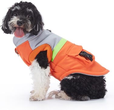 Водонепроникна тепла куртка для собак маленьких та середніх порід. Зігріваючий зимовий одяг для собак, захисна жилетка з отвором для повідка та кишенями. Відбиваюча куртка (Помаранчевий/Сірий, S)