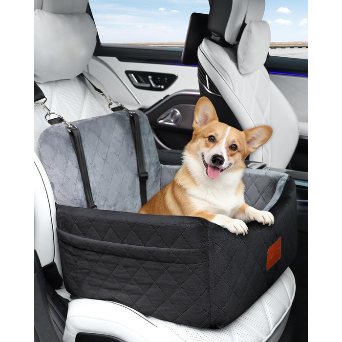 Автокрісло для собак маленьких порід, переносна лежанка для собак з memory foam, знімний та пральний чохол, автокрісло для собак з 3-точковими ременями безпеки (Чорний/Сірий, Маленький)
