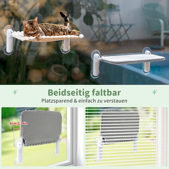 Ліжко для котів GUUSII HOME на вікно, розкладне, з присосками, 54x30 см (біле, M)