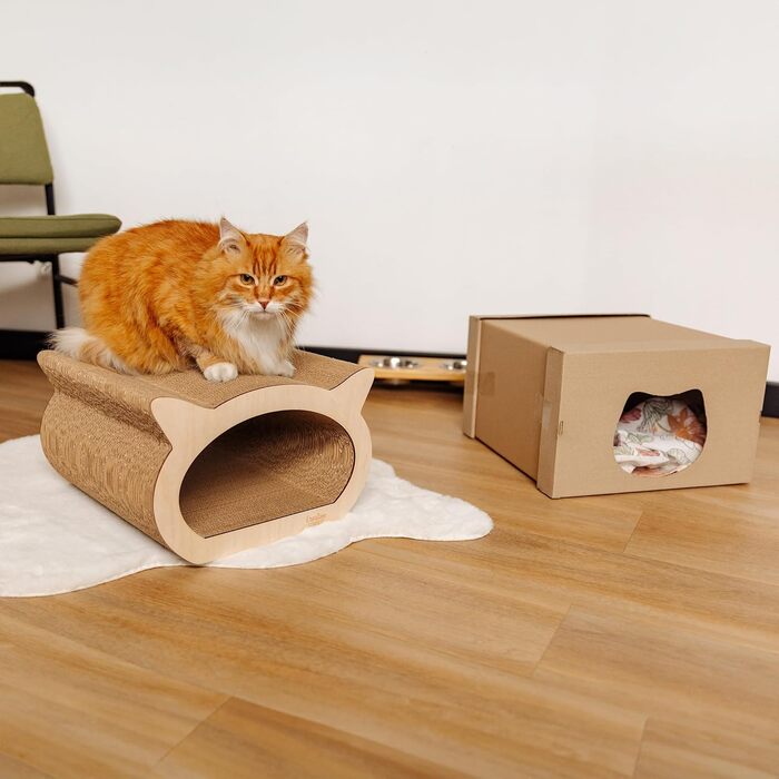 Котяче дряпальня | Дряпка з посиленої картонної конструкції | Натуральні дряпальні дошки | Міцні меблі для котів | 2в1 Дряпка-будиночок для котів | Якісний картон | Великий розмір (37 x 36 x 37 см, у формі кота)
