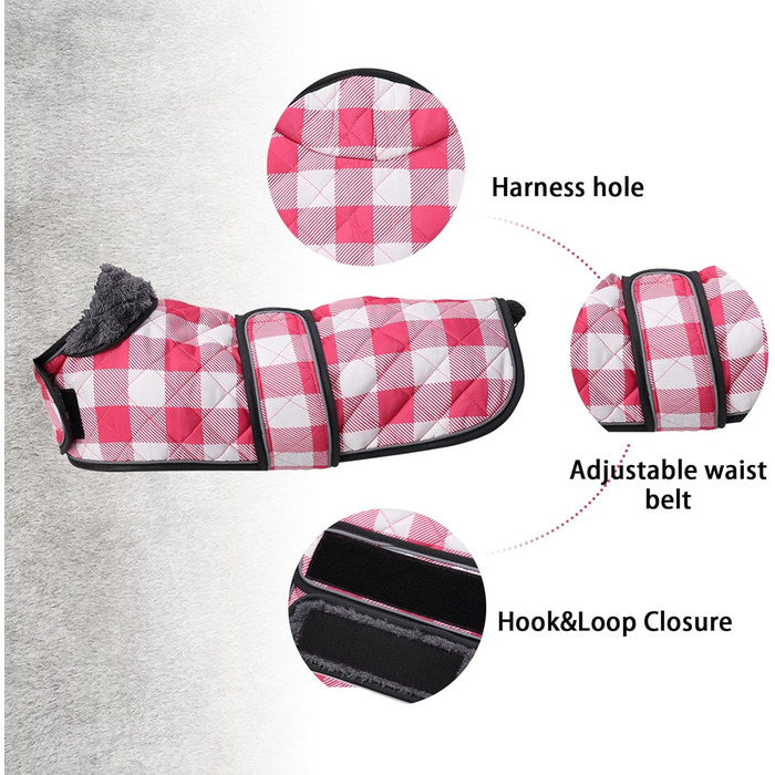 Водонепроникний собачий плащ Geyecete для такс, зимовий, з флісовою підкладкою, регульований, для вулиці, розмір M (довжина спини 42-45 см), в клітинку, рожевий