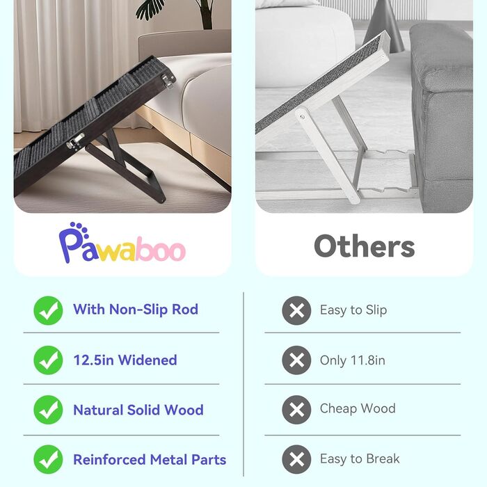Рампа для собак Pawaboo: дерев'яна сходинка для домашніх тварин, 4 регульовані висоти, 13,6'-21', для маленьких собак і котів, з антиковзною поверхнею, чорна (80x30 см)