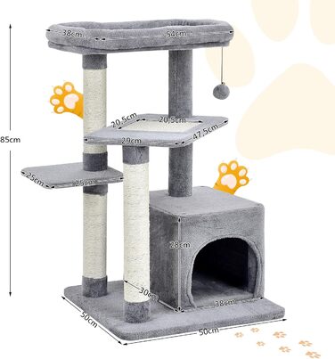 Дряпак для котів COSTWAY, 85 см, з будиночком, м'яким сидінням, м'ячиком та сизалевими стовпчиками, сірий