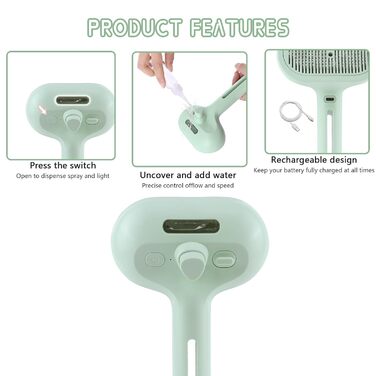Парова щітка 3-в-1 для котів та собак - видалення шерсті, водяний спрей, для довгої та короткої шерсті (зелена)