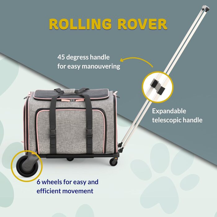 Katziela Rolling Rover – авіазатверджена розширювана преміум переноска для домашніх тварин, 6 коліс, телескопічна ручка, двостороння, для собак і котів
