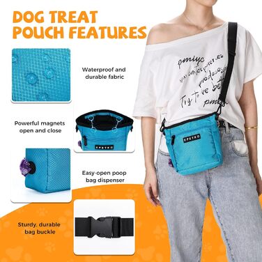 Сумка для ласощів для собак великого об'єму, багатофункціональна, для прогулянок на плечі, з міцним магнітним закриттям, регульований знімний ремінь, сумка для корму для собак (Блакитна)