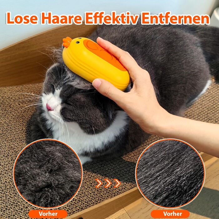 Парфумерна щітка для котів з розпилювачем, 4-в-1: видалення шерсті, масаж, розпилення, самоочищення, водонепроникна (IPX7), білий колір з жовтим руків'ям