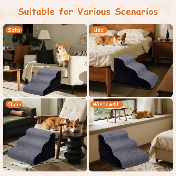 Сходинки для собак Nobleza – 3 сходинки, сірі, 35x56x40 см, з миючим покриттям та протиковзким дном