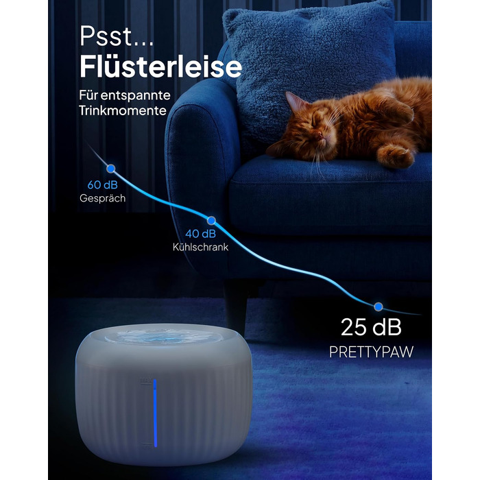 Фонтан-питилка для котів Pretty Paw з безшумним насосом, LED-підсвіткою та вугільним фільтром, 2.5 л, Graphite Silk