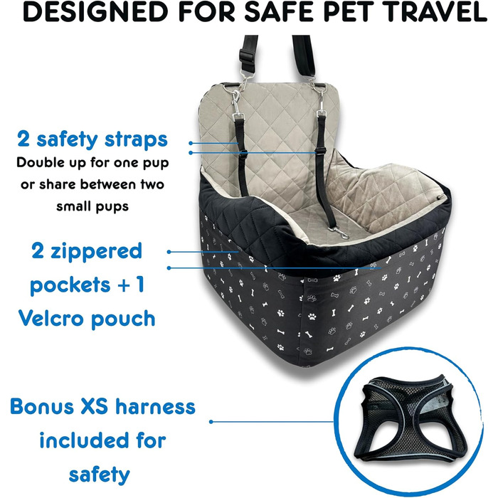 Автокрісло для собак, Memory Foam, для собак середніх розмірів до 15,9 кг, 3 кишені, 2 ремені безпеки, шлейка в комплекті (Чорний, XS шлейка)