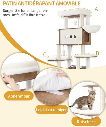 Драбина-кіготь для котів з туалетом, годівницею, 173 см, велика платформа, мотузка сизаль, гамак, знімний килимок, іграшки-кульки, білий та коричневий колір CB89014WT