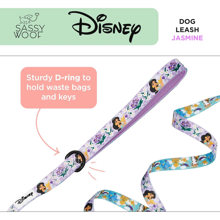 Повідок для собак Sassy Woof Disney Princess Jasmine, 152 см, з неопреновою ручкою, офіційна ліцензія, міцний і стильний, для малих і великих собак