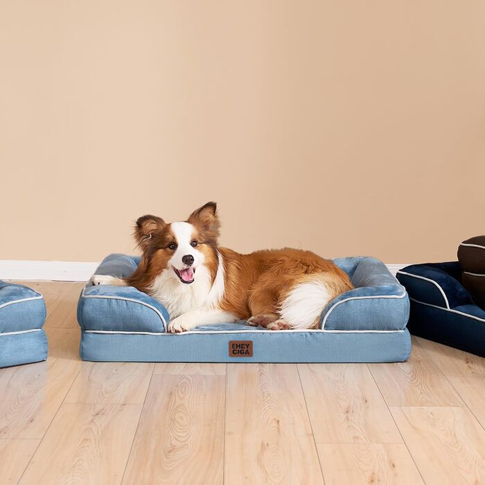 Ортопедичне ліжко для собак великих порід EHEYCIGA, 112x81 см, кошик для собак з Memory Foam, водовідштовхувальне, неслизьке, з високим бортиком, блакитний колір