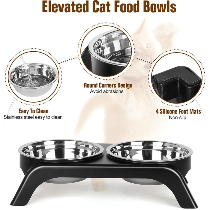Підвищені миски для котів Befoco, проти блювоти, набір з 2 мисок з нержавіючої сталі, запобігає болю в шиї, миски для котів з ABS-підставкою, протиковзкі, для котів, сірий колір