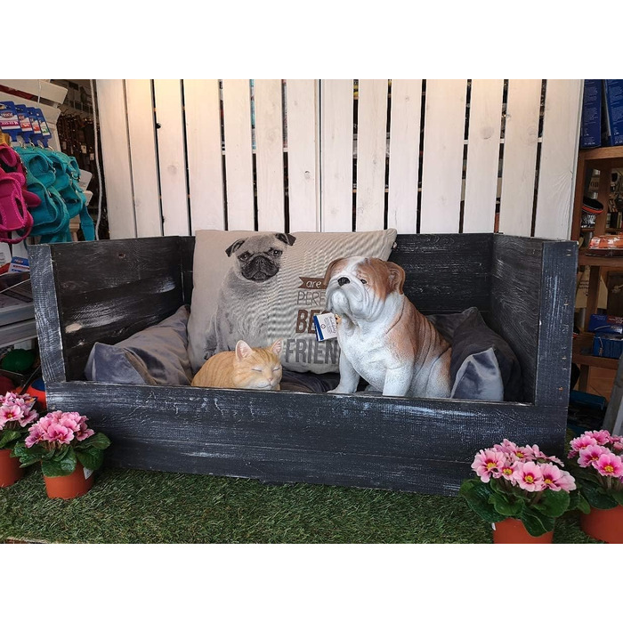 Собаче ліжко Kistenkolli Altes Land Balu з дерева з подушкою, корзина для собак, лежанка, вінтажний диван для собак, білий (90x57x45 см, Shabby Schwarz)