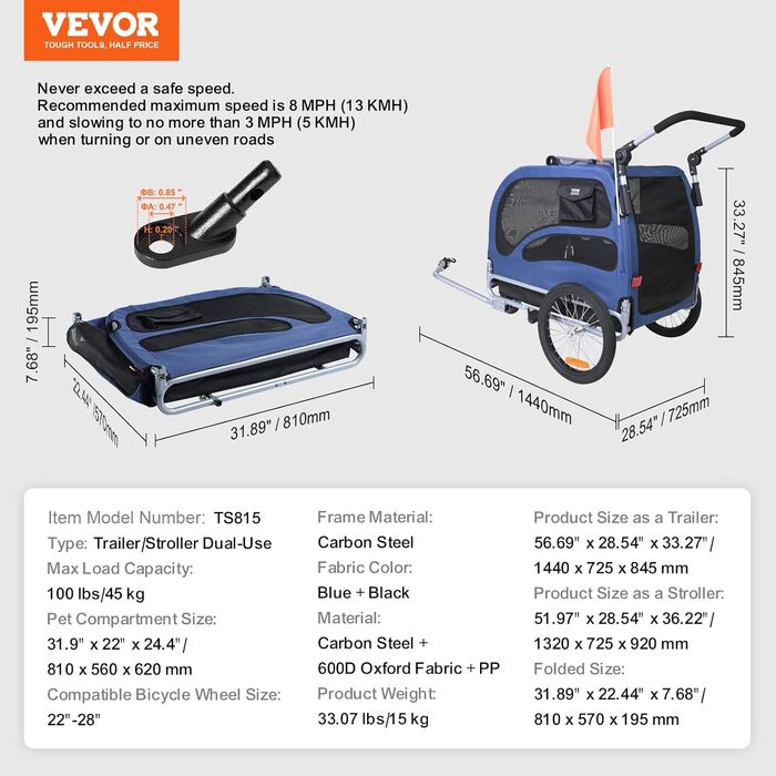 Фургон для собак VEVOR 45 кг 2-в-1: велосипедний/дитячий, сталь + Oxford 600D, синій
