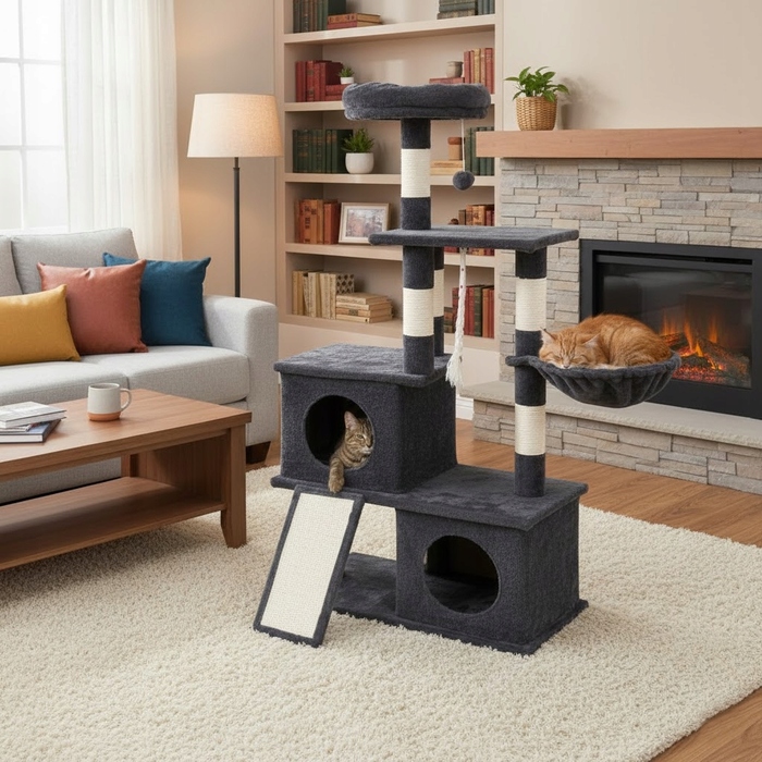 Ігровий комплекс для котів: будинок-драпак з 5 рівнями та стовпчиками, 115 см (F200)