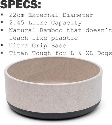 Миска для собак Titan Fuzzl з бамбука та гуми, 22 см, з антиковзким дном, сіра, екологічна, антибактеріальна, міцна, нетоксична, велика, 2.5 л