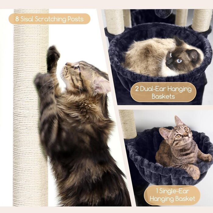 Кігтеточка Globlazer XXL 209 см з 2 будиночками, великою платформою, 3 кошиками, стовпчиками для шліфування, 8 стовпчиками з сизалю, стабільна кігтеточка для кількох котів (темно-сірий)