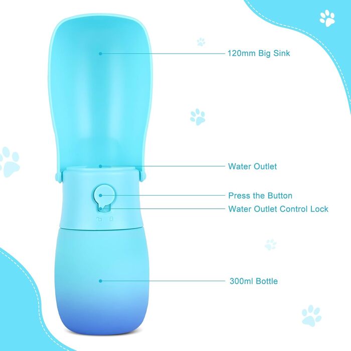 Портативна пляшка для води для собак та котів JOPHEK 300 мл з фільтром з активованого вугілля, блакитна