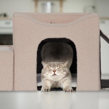 Будиночок для котів Relaxdays, складаний, 3 спальні місця, з поверхнею для дряпання, 36,5x112x41 см, бежевий