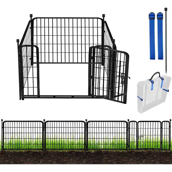 Металевий садовий забір Adavin з воротами, 61 см (В) × 3 м (Д), 4 панелі, чорний, міцний, для собак, кемпінгу, обмеження території, внутрішнє та зовнішнє використання