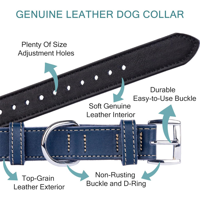 TORRUNA Нашийник для собак з м'якої шкіри, міцний та надійний. Підходить для собак маленьких, середніх та великих порід. Колір: блакитний. Розмір: 33–42 см