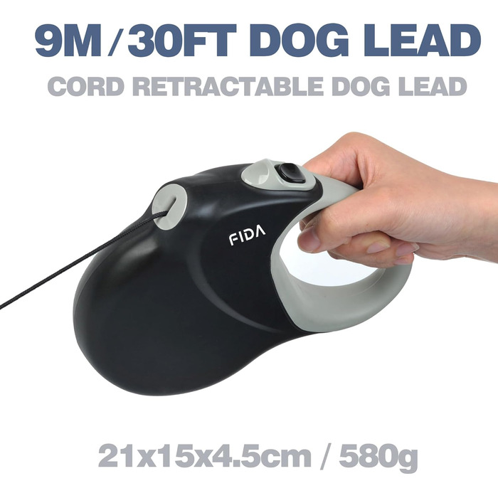 Висувна повідка для собак Fida, 9 м, покращена версія 2025, міцна, для середніх та великих собак, не заплутується, для собак до 50 кг, чорний